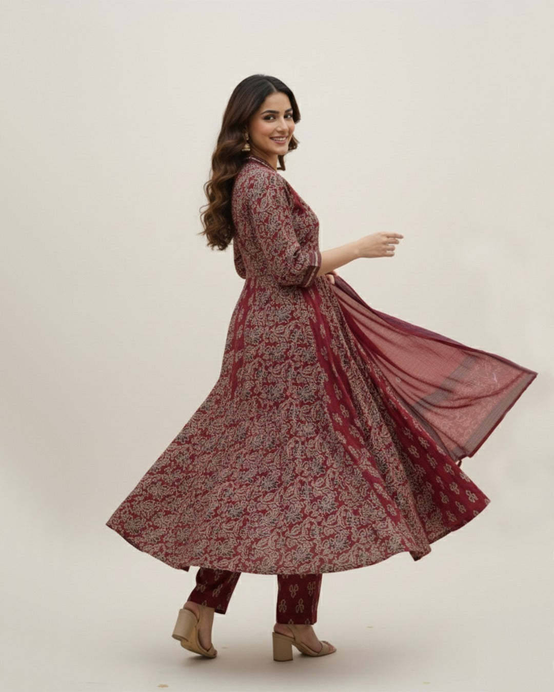 Women’s Red Anarkali Suit – Elegant Designer Ethnic Dress with Dupatta
