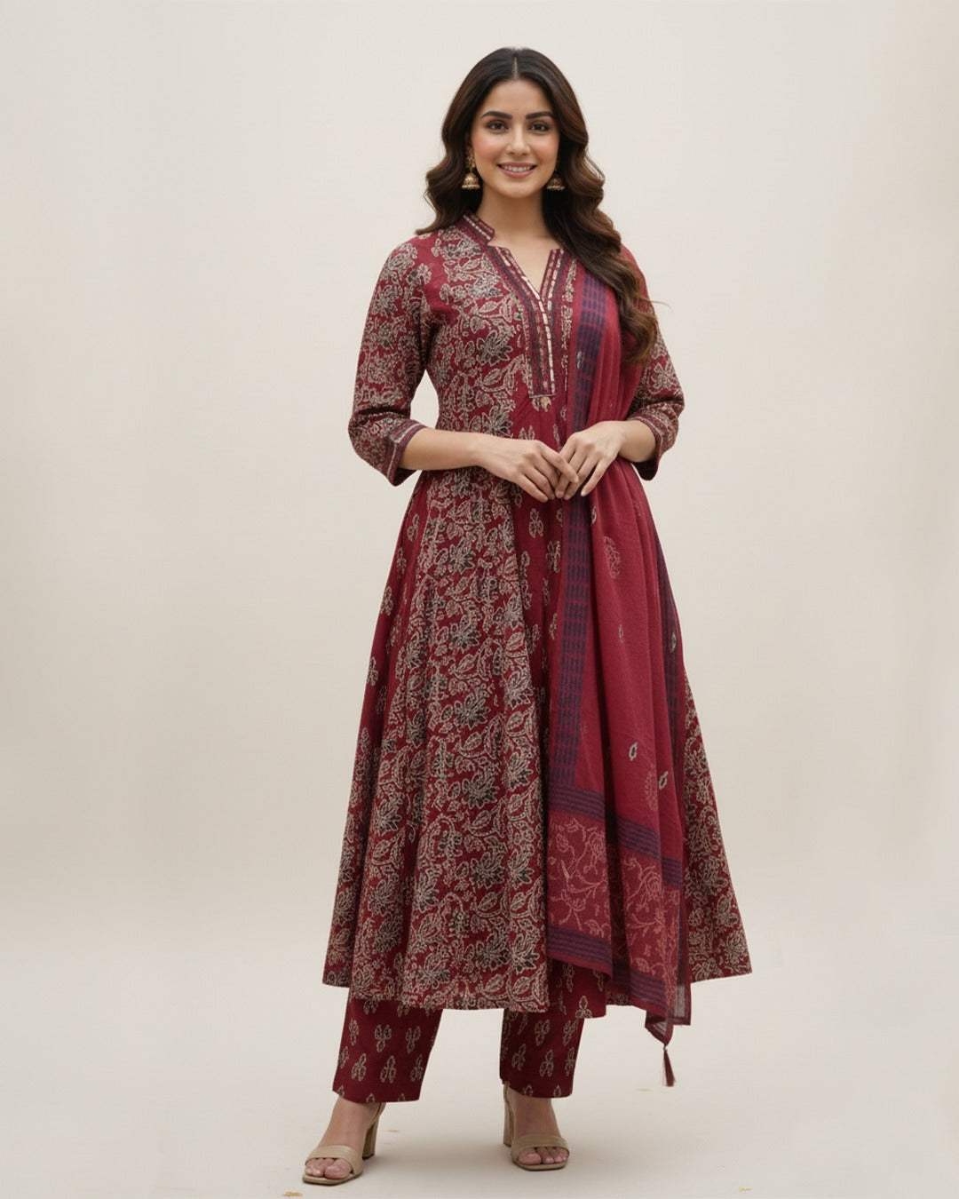 Women’s Red Anarkali Suit – Elegant Designer Ethnic Dress with Dupatta