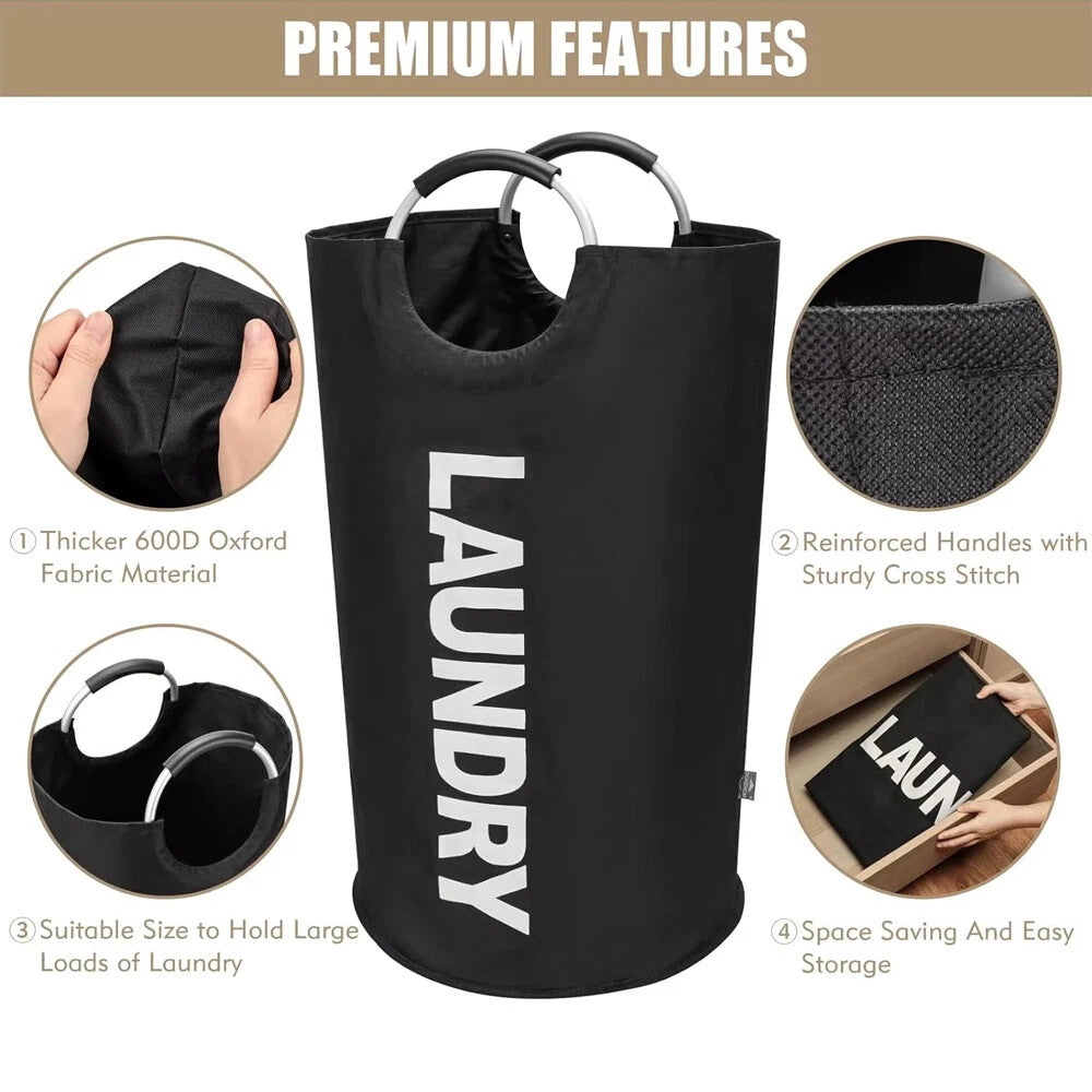 BLACK 82L Foldable Fabric Laundry Basket Clothes Hamper Bag Washing Bin